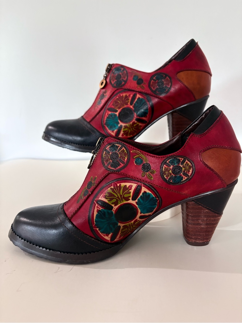Women's Red Leather Floral Embellished Ankle Booties